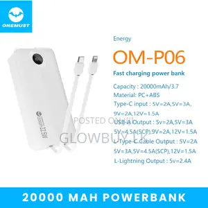 Onemust 20000mah Powerbank | Built in Type-C and Lightning Cable