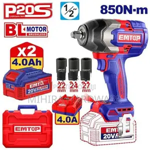 EMTOP 850Nm 1/2" Brushless Cordless impact gun wrench power tool batte