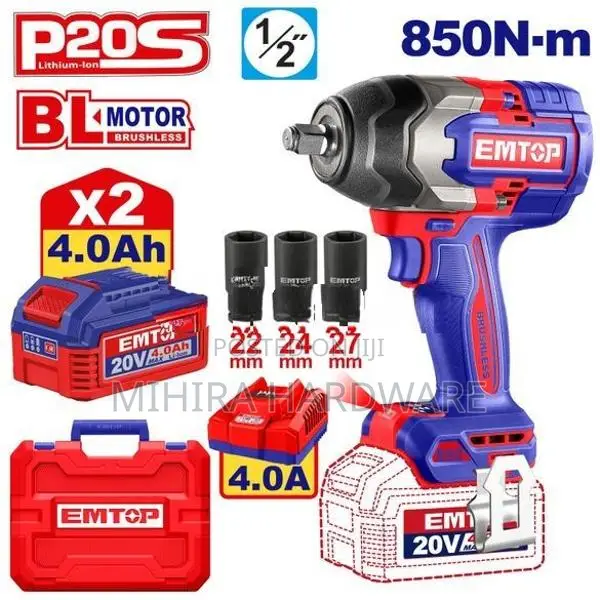 EMTOP 850Nm 1/2" Brushless Cordless impact gun wrench power tool batte