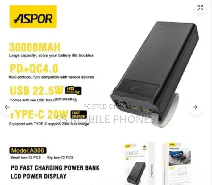 A-306 30000mAh / 22.5W Power Bank with Fast Charging