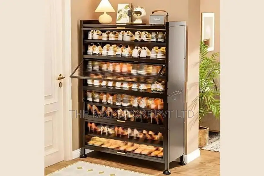 8 Tier Metal Shoe Cabinet with Top Shelf – 4 Door Rack