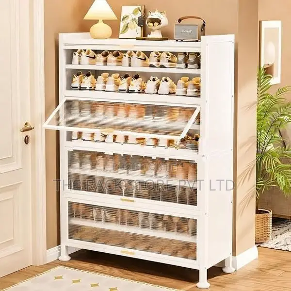8 Tier Metal Shoe Cabinet with Top Shelf – 4 Door Rack