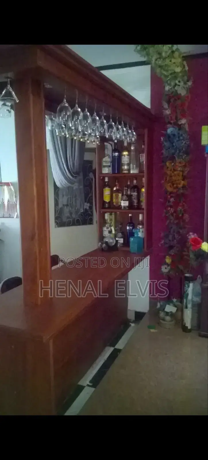 Teak Wooden Home Bar Counter With Overhead Glass Rack Shelves