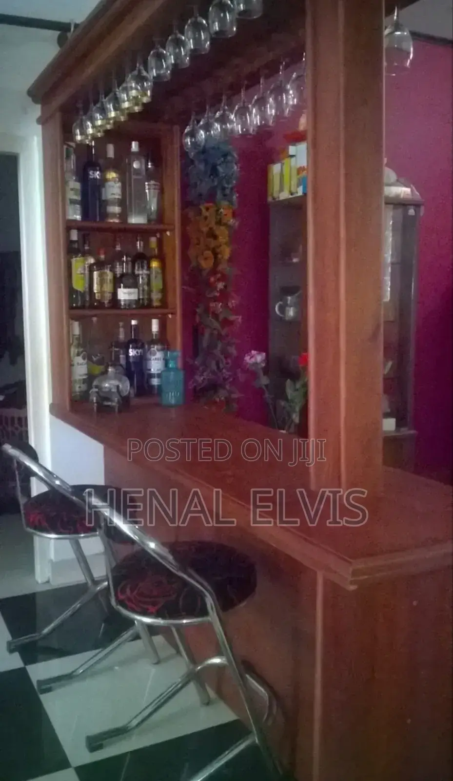 Teak Wooden Home Bar Counter With Overhead Glass Rack Shelves