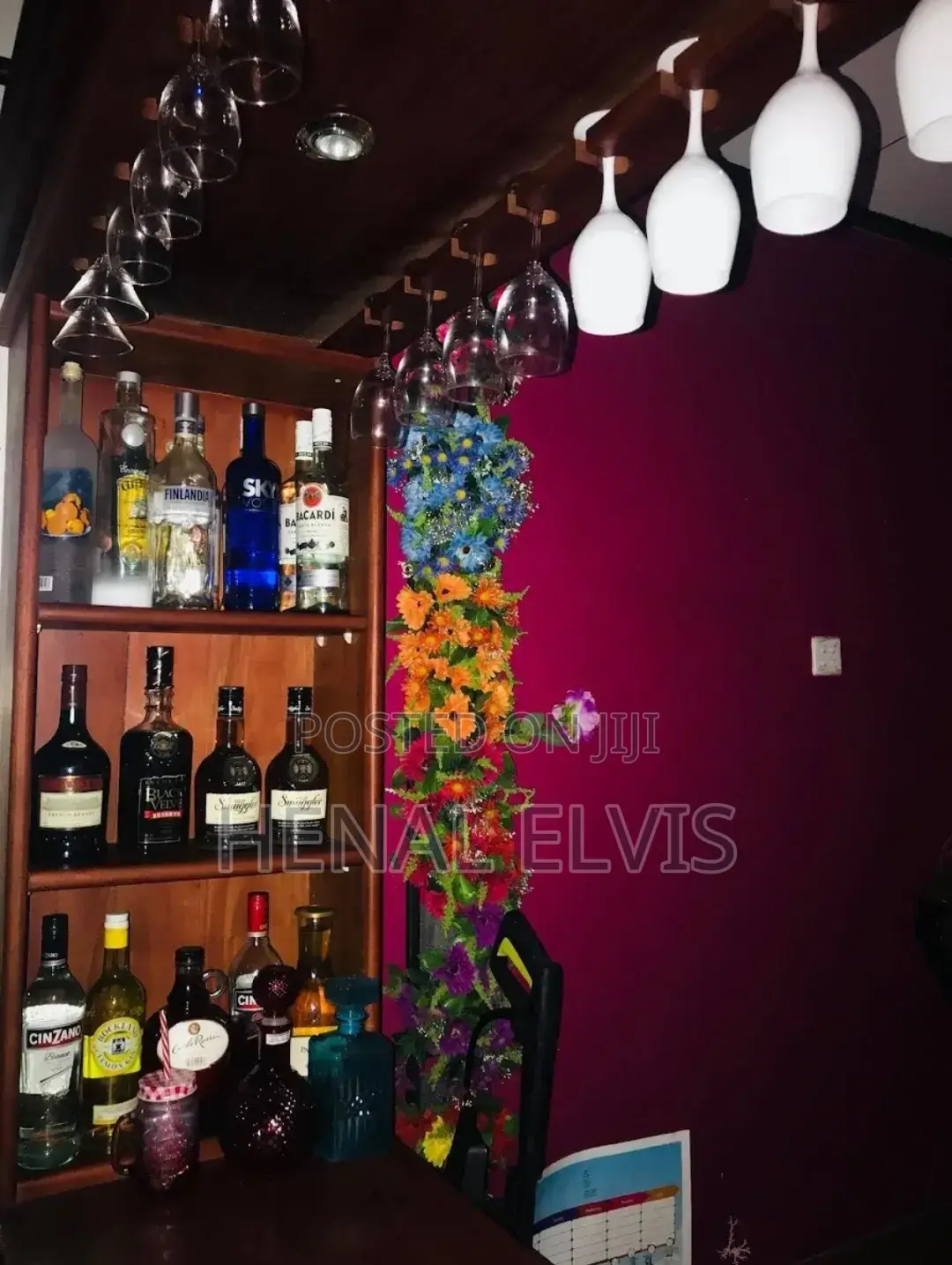 Teak Wooden Home Bar Counter With Overhead Glass Rack Shelves